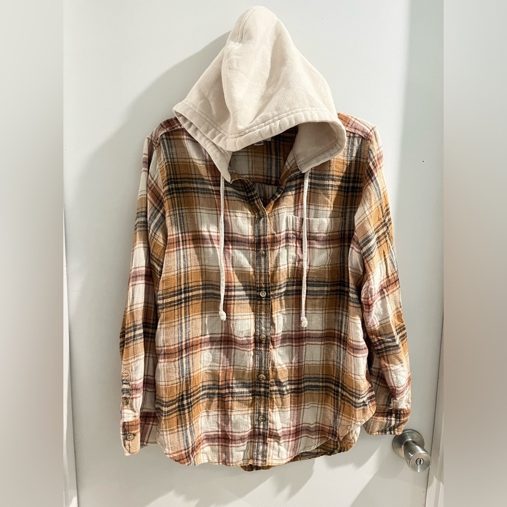 American Eagle Outfitters Plaid Flannel Hooded Shirt, OVERSIZED, size small - Picture 3 of 12
